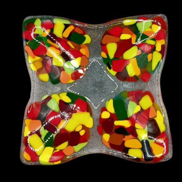 Fused Glass Trinket Dish Catchall Tray Square Red Orange Yellow Green MCM Style - Picture 3 of 12
